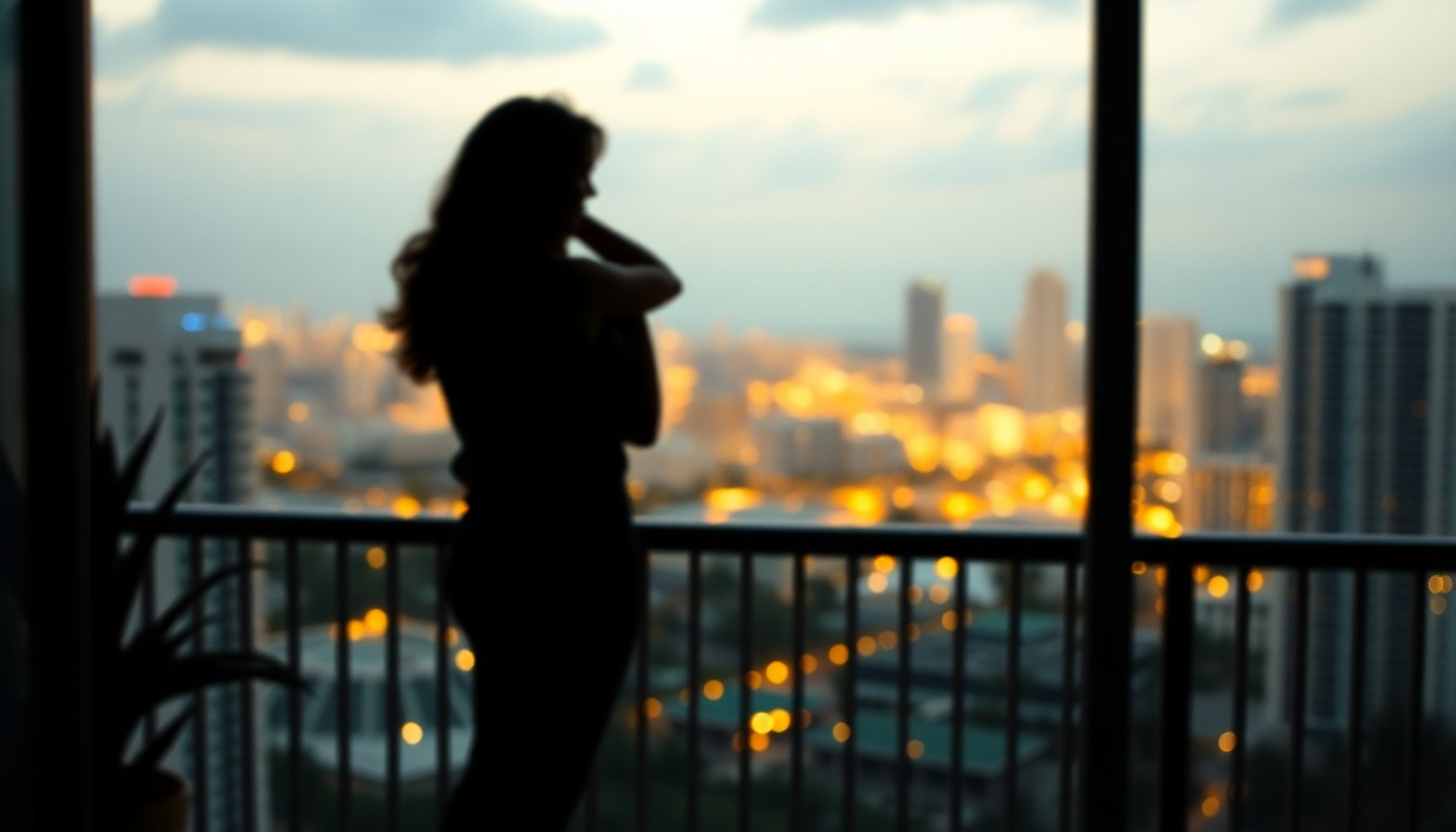 A softly blurred, intimate photograph of two silhouetted figures embracing on a balcony, with the Miami skyline visible in the background, captured in a warm, dreamlike style.