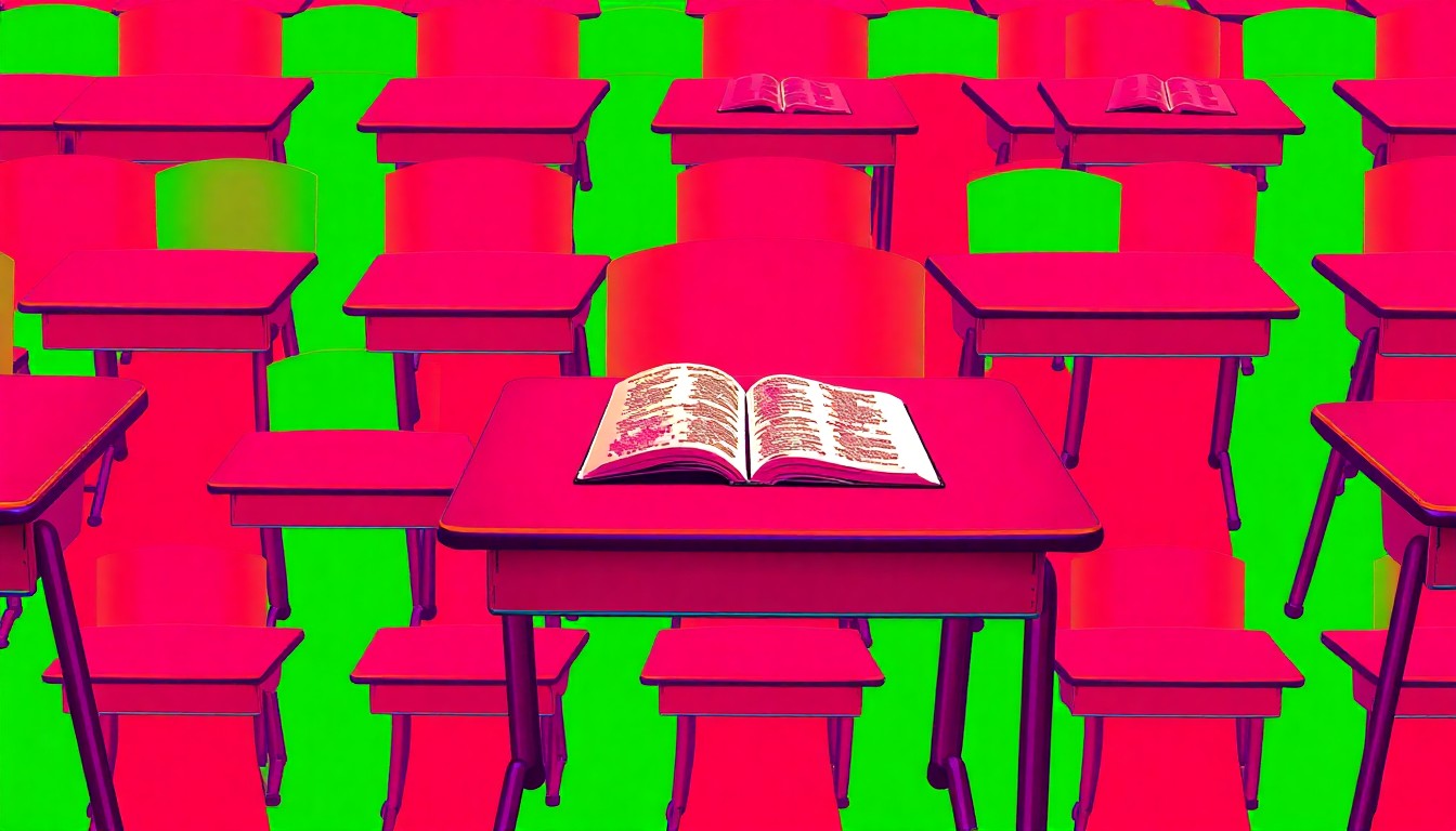 A brightly colored, high-contrast silkscreen print of a school desk with an open Bible on it, repeated in a tight grid pattern, conceptually representing the ongoing debate over the role of religion in public education.