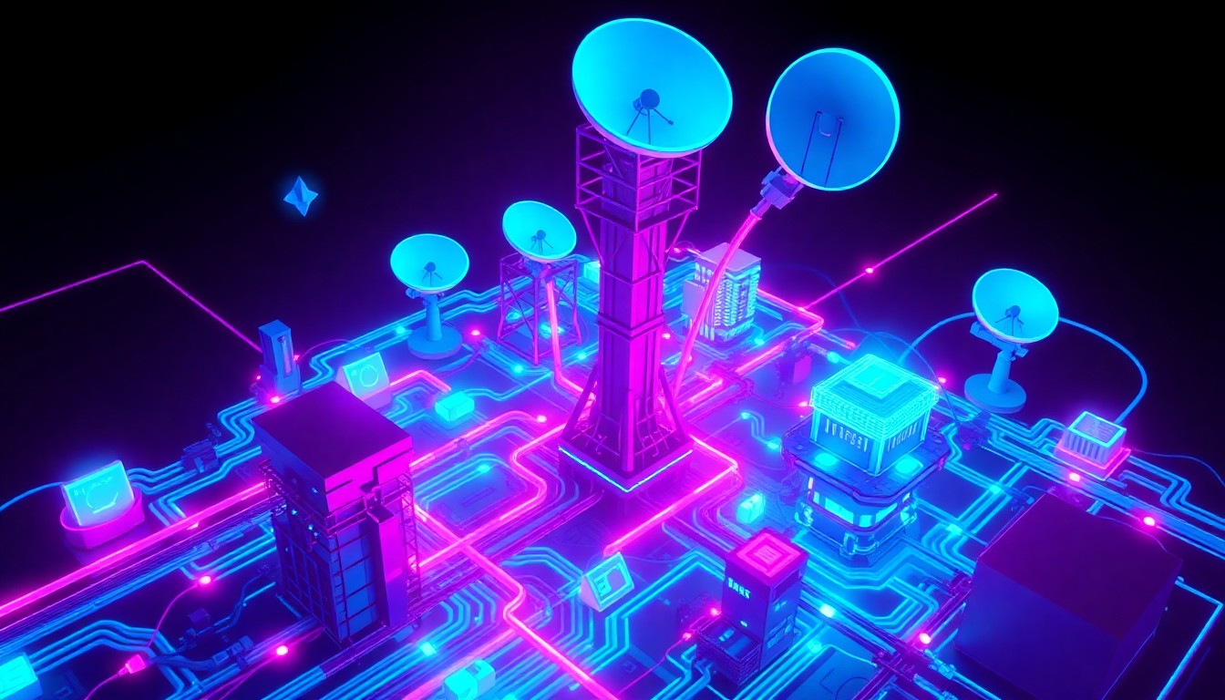 A highly detailed, glowing 3D illustration of a complex network of fiber optic cables, satellite dishes, and other digital infrastructure elements in shades of neon blue, purple, and magenta, conceptually representing the hybrid content delivery capabilities of Lumen's Vyvx platform.
