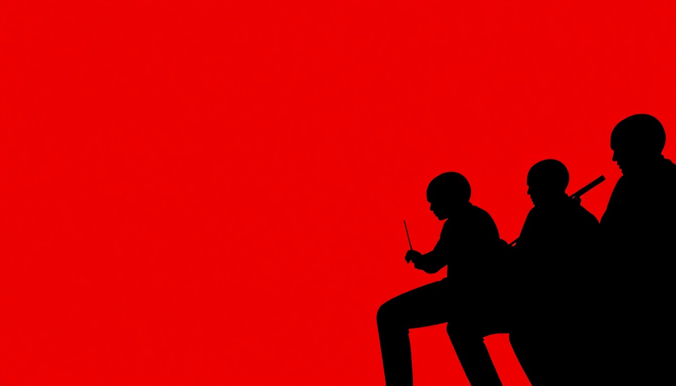 A minimalist, abstract illustration featuring bold black silhouettes of musical instruments and performers against a striking red background, conveying the dramatic energy and artistry of a classical music performance.