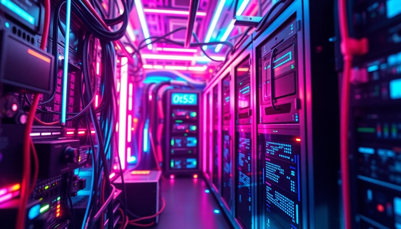 A highly detailed, glowing 3D illustration of a futuristic tech hub with neon cyan and magenta lights illuminating the wires, circuit boards, and servers, conceptually representing the empowerment of youth through technology.
