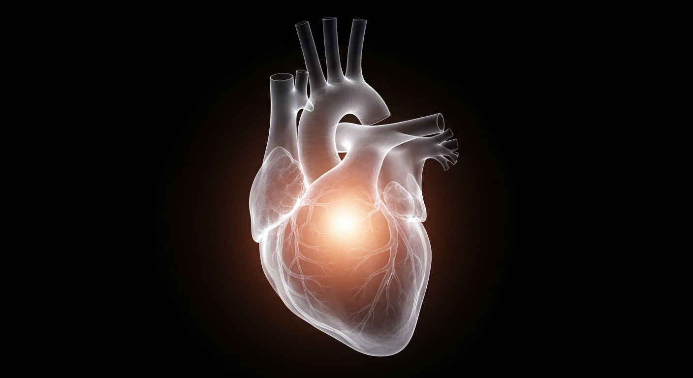 A translucent, ghostly X-ray image of a human heart, its intricate structure revealed in vivid detail against a dark, shadowy background, conceptually representing the progress in cancer research and treatment.