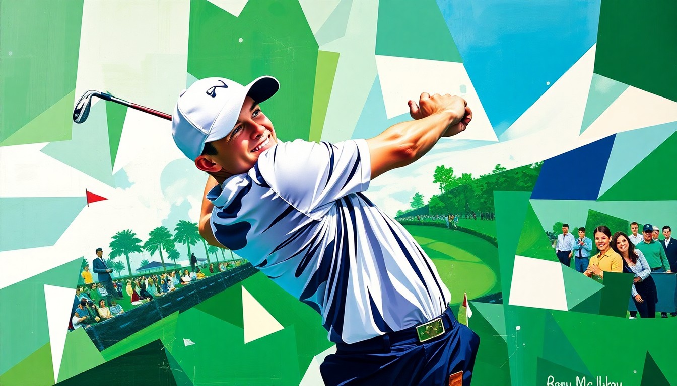 A cubist, geometric painting depicting Rory McIlroy's golf swing and victory celebration at the Masters, with sharp, overlapping planes of color representing the lush Augusta National course.