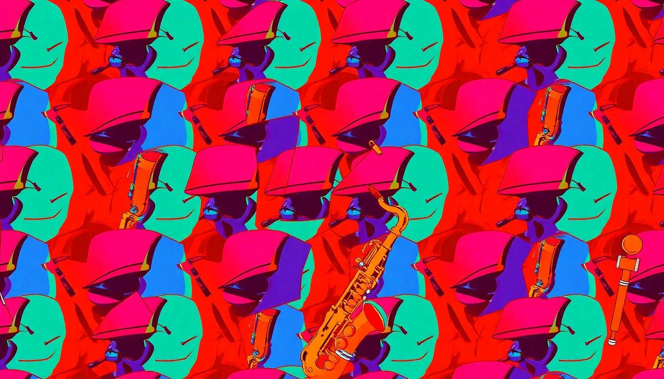 A brightly colored, high-contrast silkscreen print of a marching band uniform, such as a drum major's hat or a saxophone, repeated in a tight grid pattern in the style of Andy Warhol. The image utilizes flat, vibrant, and unnatural neon color palettes overlapping with heavy black photographic outlines to turn the everyday band equipment into modern pop art.