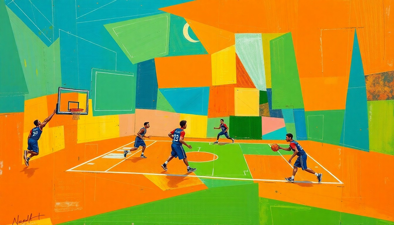 A cubist, geometric painting depicting a fragmented basketball game or practice, with sharp planes of color and overlapping shapes representing the dynamic motion and energy of the sport.