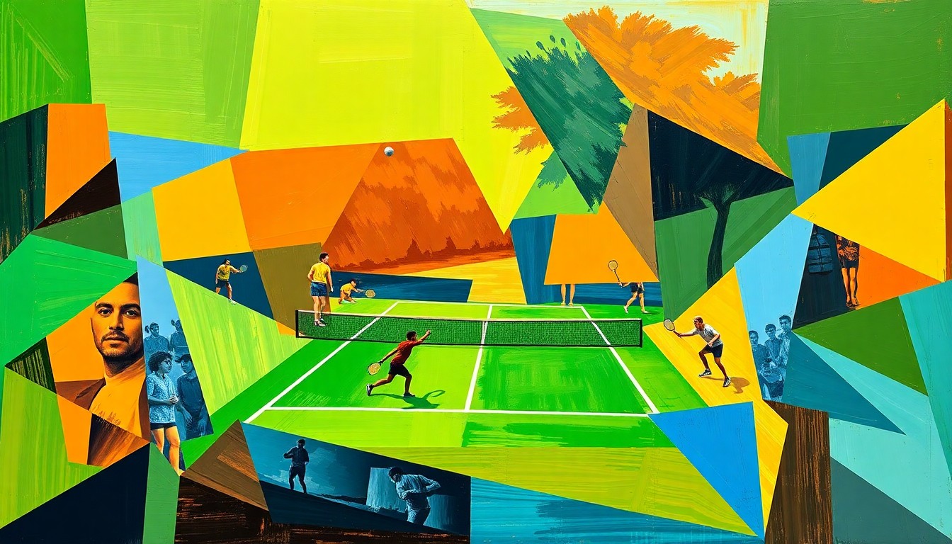 A fragmented, geometric painting depicting a pickleball match or tournament scene, with sharp planes of bright green, blue, and orange colors overlapping to create a dynamic, abstract composition.