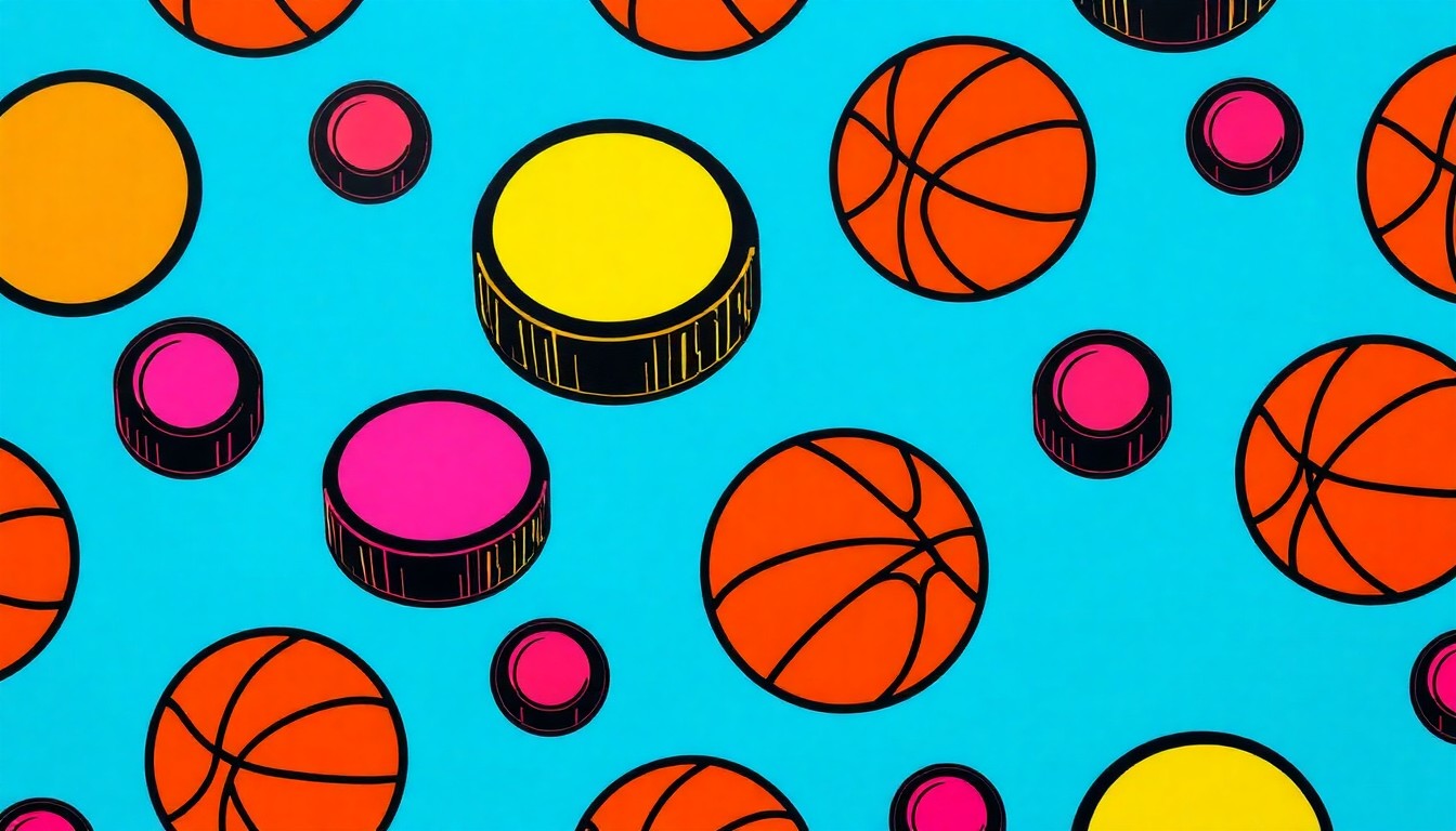 A bold, colorful silkscreen-style illustration featuring a repeating pattern of a hockey puck and basketball, conceptually representing the dual sports and recreation focus of the facility upgrades in Shaker Heights.