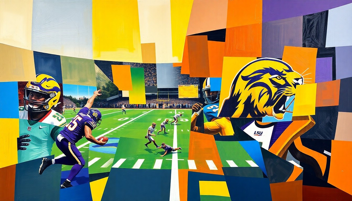 A cubist-style painting depicting a football field with fragmented, overlapping geometric shapes in shades of purple, gold, blue, and orange, representing the action and energy of an LSU football practice.