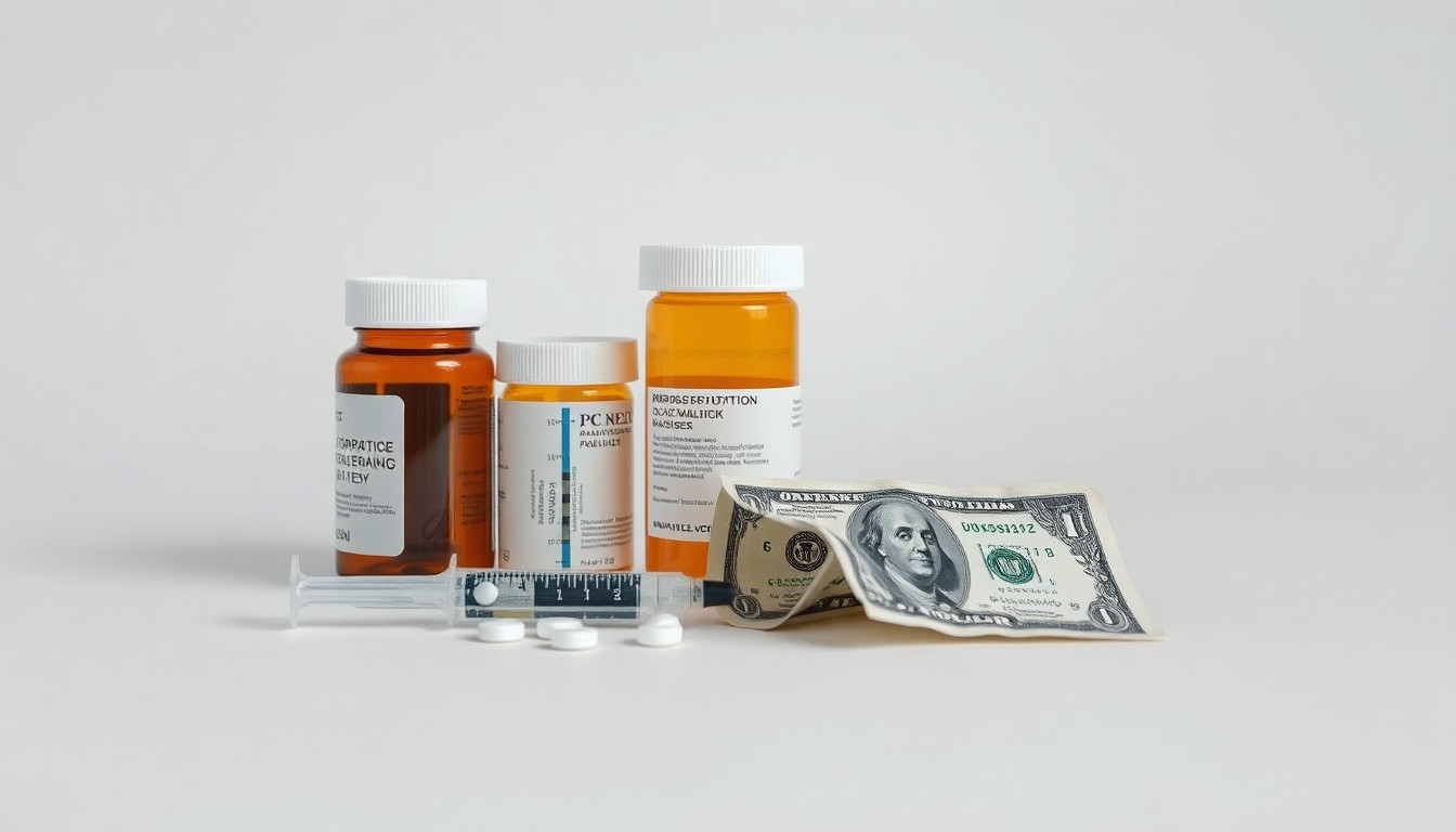 A photorealistic studio still-life featuring a stack of prescription pill bottles, a syringe, and a crumpled dollar bill, conceptually representing the financial and human toll of the opioid crisis.