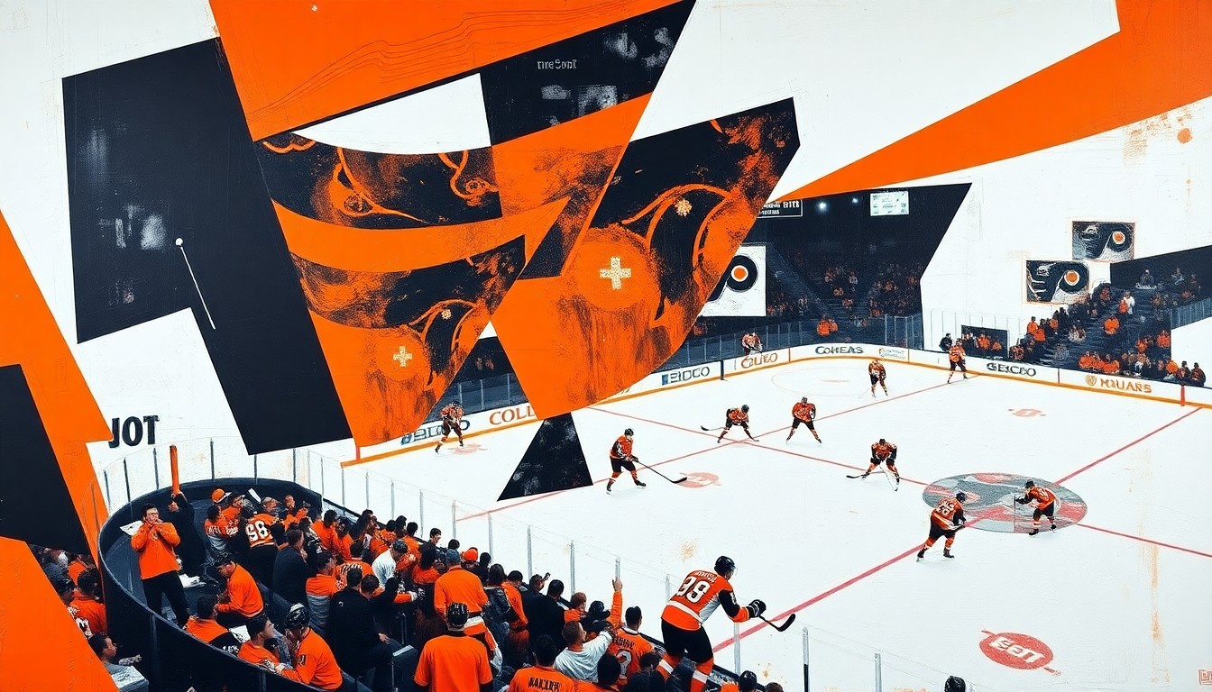 A cubist, geometric painting depicting a Flyers hockey game, with the players and action broken down into sharp, overlapping planes of orange, black, and white, conveying the raw energy and determination of the team's unexpected playoff run.