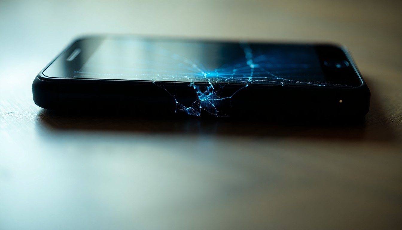 An extreme close-up photograph of a cracked smartphone screen reflecting a faint blue light, conceptually illustrating the discovery of illicit digital content.