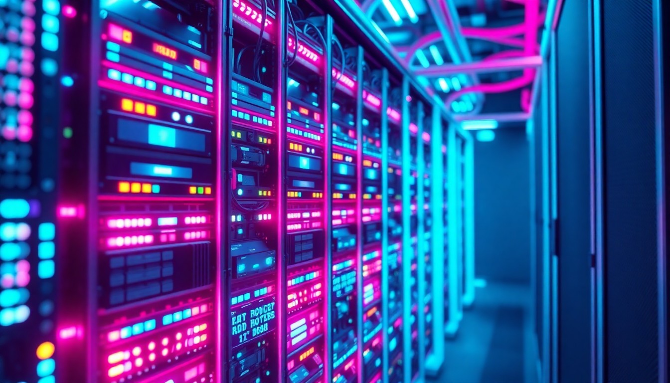 A highly detailed 3D illustration of a glowing, futuristic server rack or data center infrastructure, with neon cyan and magenta lights illuminating the complex hardware components, conceptually representing the need for secure and scalable digital infrastructure to power modern enterprise cryptography.