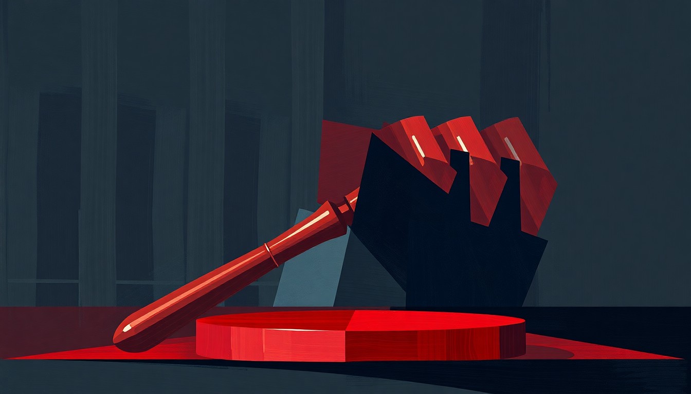 A fragmented, abstract painting of a gavel shape repeated and overlapping in waves of deep red, navy blue, and charcoal grey, conveying a sense of political turmoil and uncertainty.