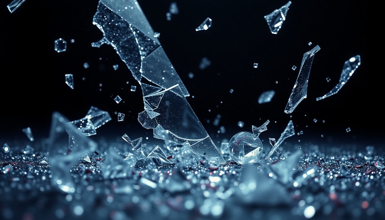 An abstract close-up image featuring shattered glass and glittering sequins in high-contrast studio lighting, capturing the dark and alluring nature of the show's themes around celebrity worship and fan culture.