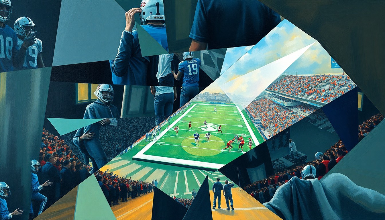 A cubist, geometric painting depicting fragmented and overlapping elements of a college football game, capturing the dynamic changes sweeping through the sport with new head coaches taking over top programs.