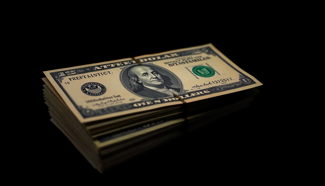 An extreme close-up photograph of a stack of US dollar bills lit by a harsh, direct camera flash against a pitch-black background, conceptually illustrating the discovery of undeclared cash by law enforcement.