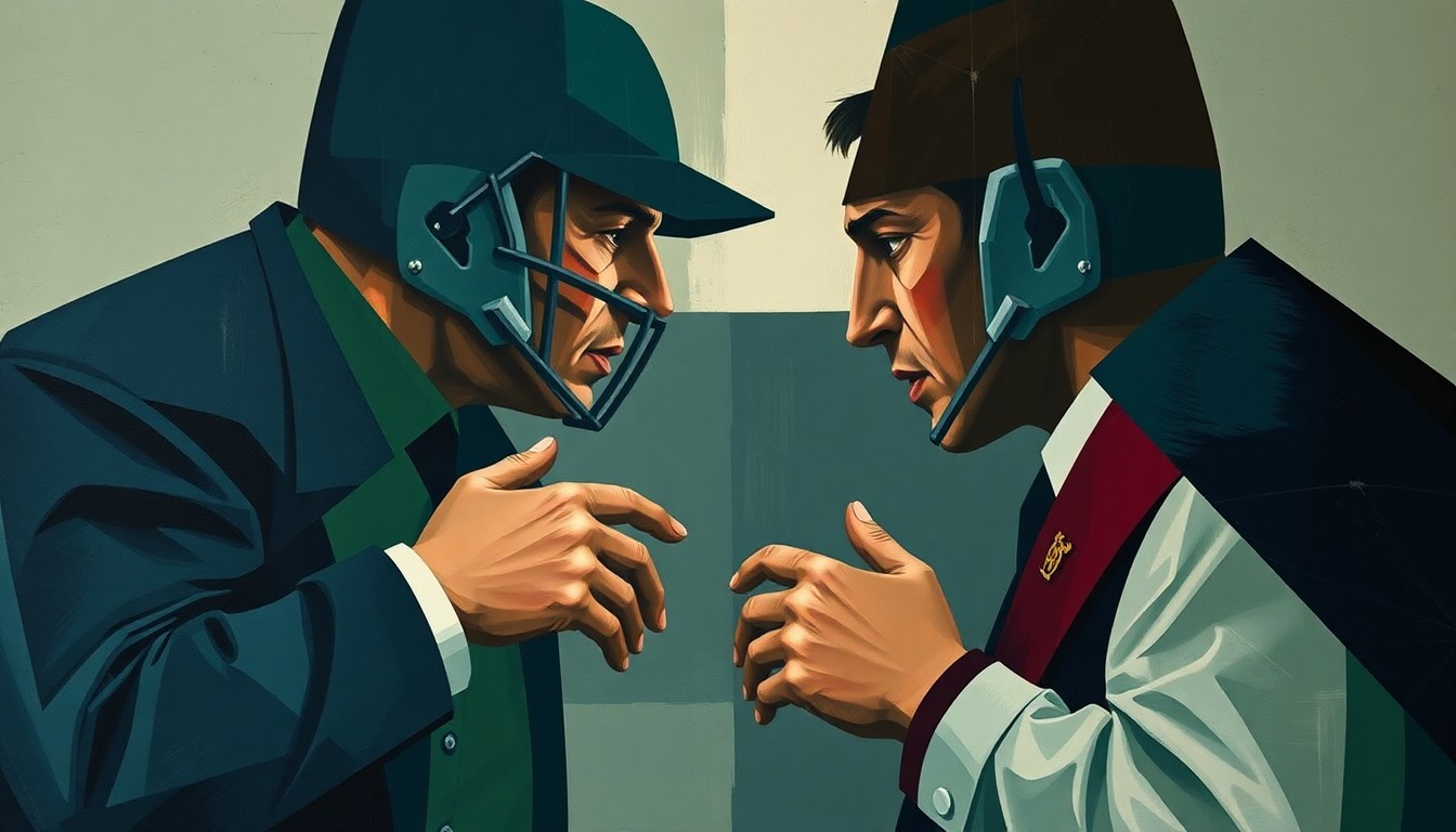 A cubist, geometric painting depicting the fractured, multi-perspective confrontation between a college football coach and staff member, with sharp planes of navy, forest green, and burgundy colors conveying the emotional tension and professional consequences of their actions.