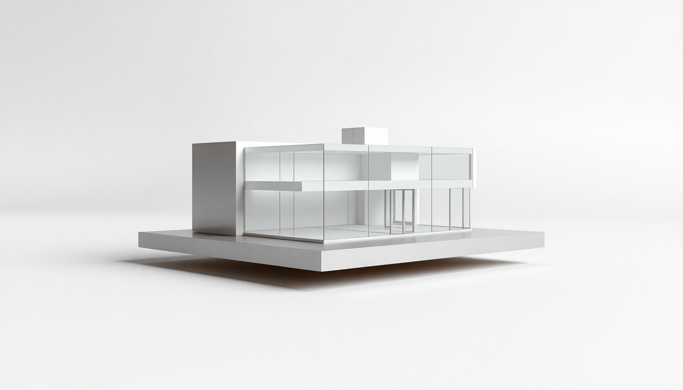 A high-end, photorealistic studio still-life photograph featuring a polished, geometric architectural model made of premium materials like brushed aluminum and frosted glass, floating on a clean, monochromatic seamless background, conceptually representing the modernist, collaborative design approach of the employee-owned LDa Architecture & Interiors firm.