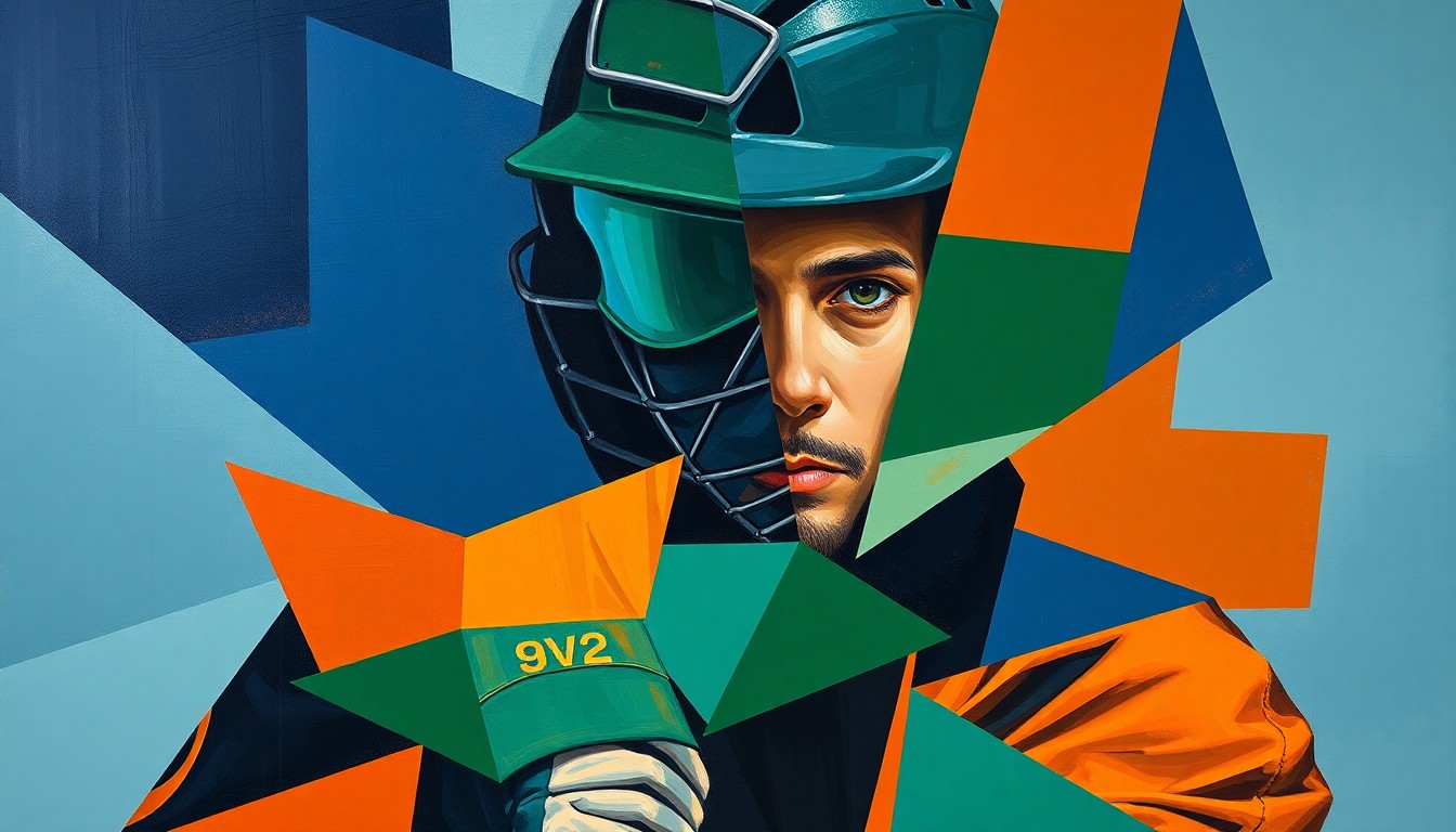 A cubist, geometric painting depicting a baseball catcher's gear and equipment broken down into overlapping, angular shapes in navy, green, and orange tones, conveying the fractured nature of the player's return from injury.