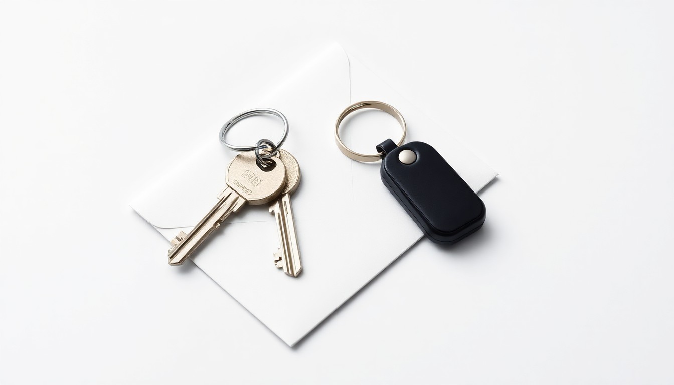 A minimalist studio still life featuring a set of polished keys, a sleek black fob, and a crisp white envelope on a clean, monochromatic background, symbolizing the essential security and access control services provided by doormen in luxury apartment buildings.