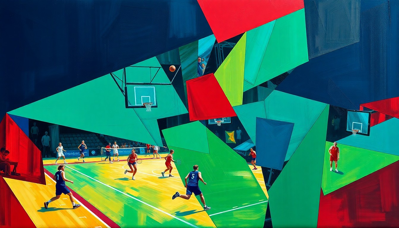 A fractured, multi-perspective painting depicting a women's sports competition, with sharp, overlapping geometric planes in vibrant colors representing the dynamic energy and momentum of the women's sports industry.