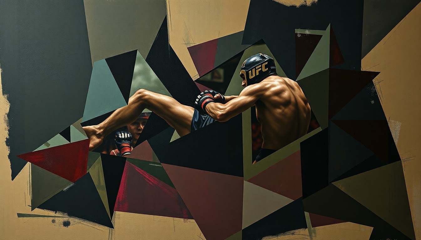 A fragmented, geometric painting depicting a UFC fight scene, with sharp planes of navy, burgundy, and olive green obscuring the details of the action and highlighting the uncertainty surrounding Carlos Ulberg's knee injury.