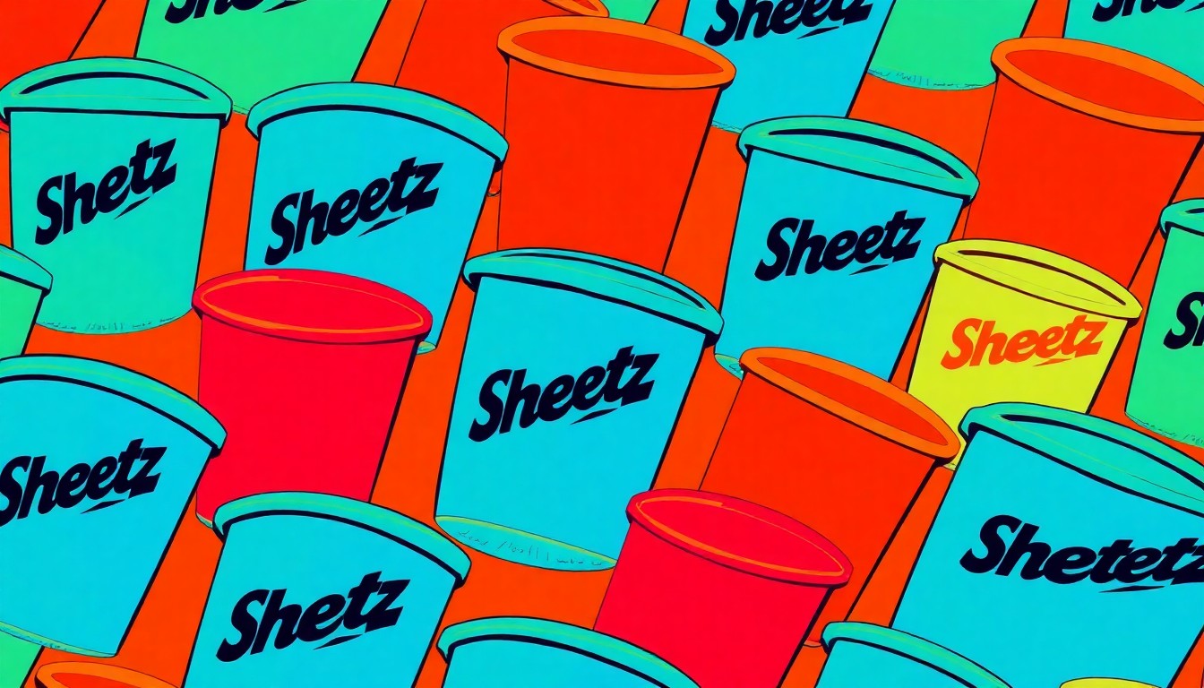 A brightly colored, high-contrast silkscreen print of a Sheetz coffee cup repeated in a tight grid pattern, capturing the iconic nature of the brand's food offerings in a modern pop art style.