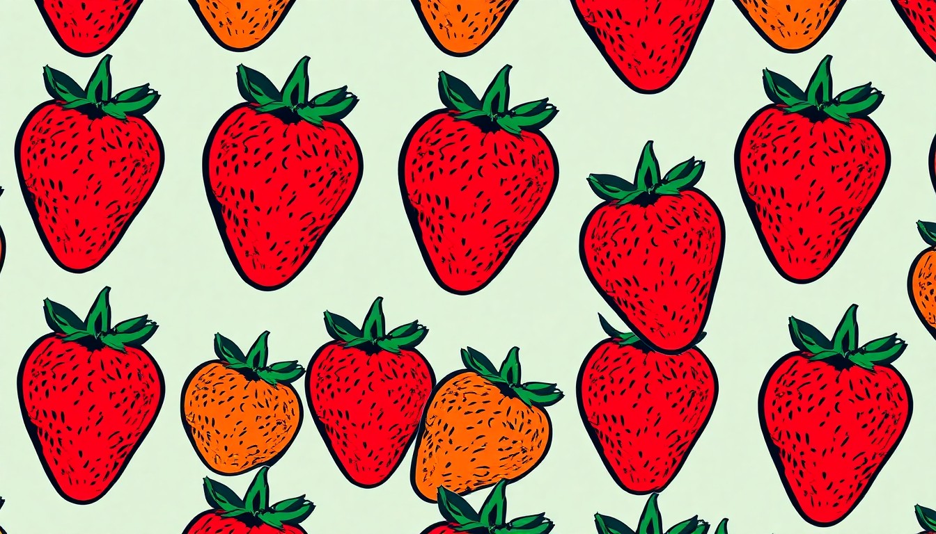 A bold, graphic illustration of a single strawberry repeated in a grid pattern, rendered in a high-contrast, silkscreen pop art style with a neon color palette and heavy black outlines, conceptually representing the energy and festive atmosphere of a community farmers market event.