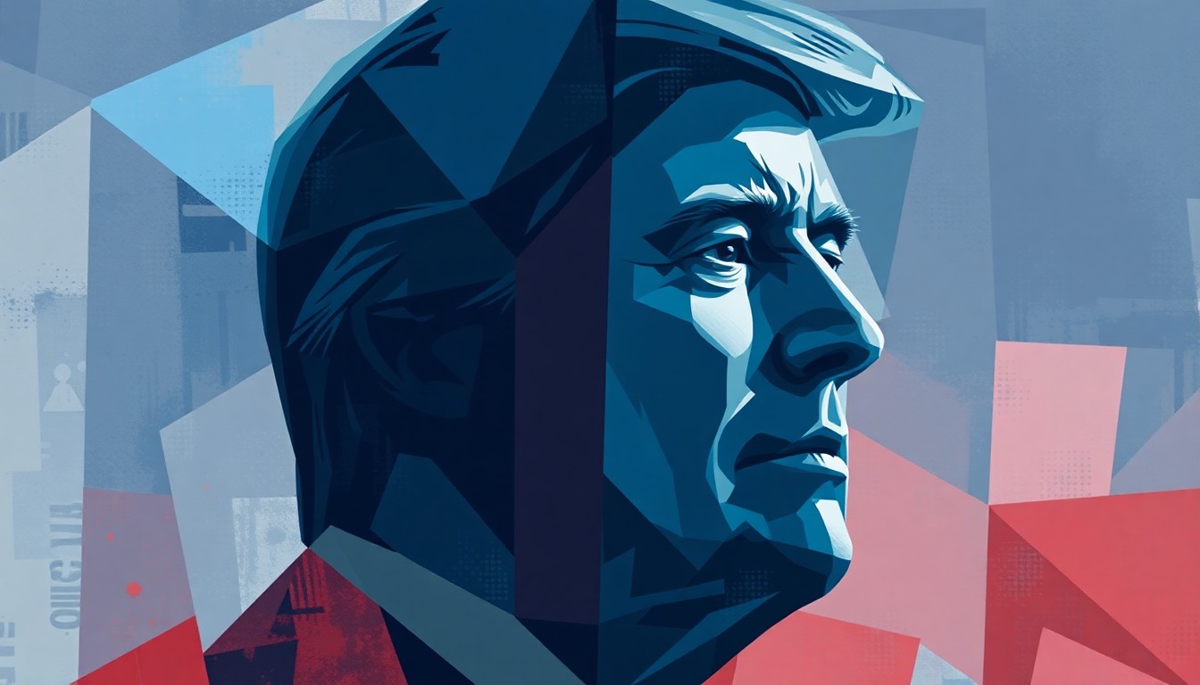 A dynamic, abstract painting featuring the overlapping, fragmented silhouette of a politician in shades of blue, grey, and red, conveying a sense of disruption and uncertainty.