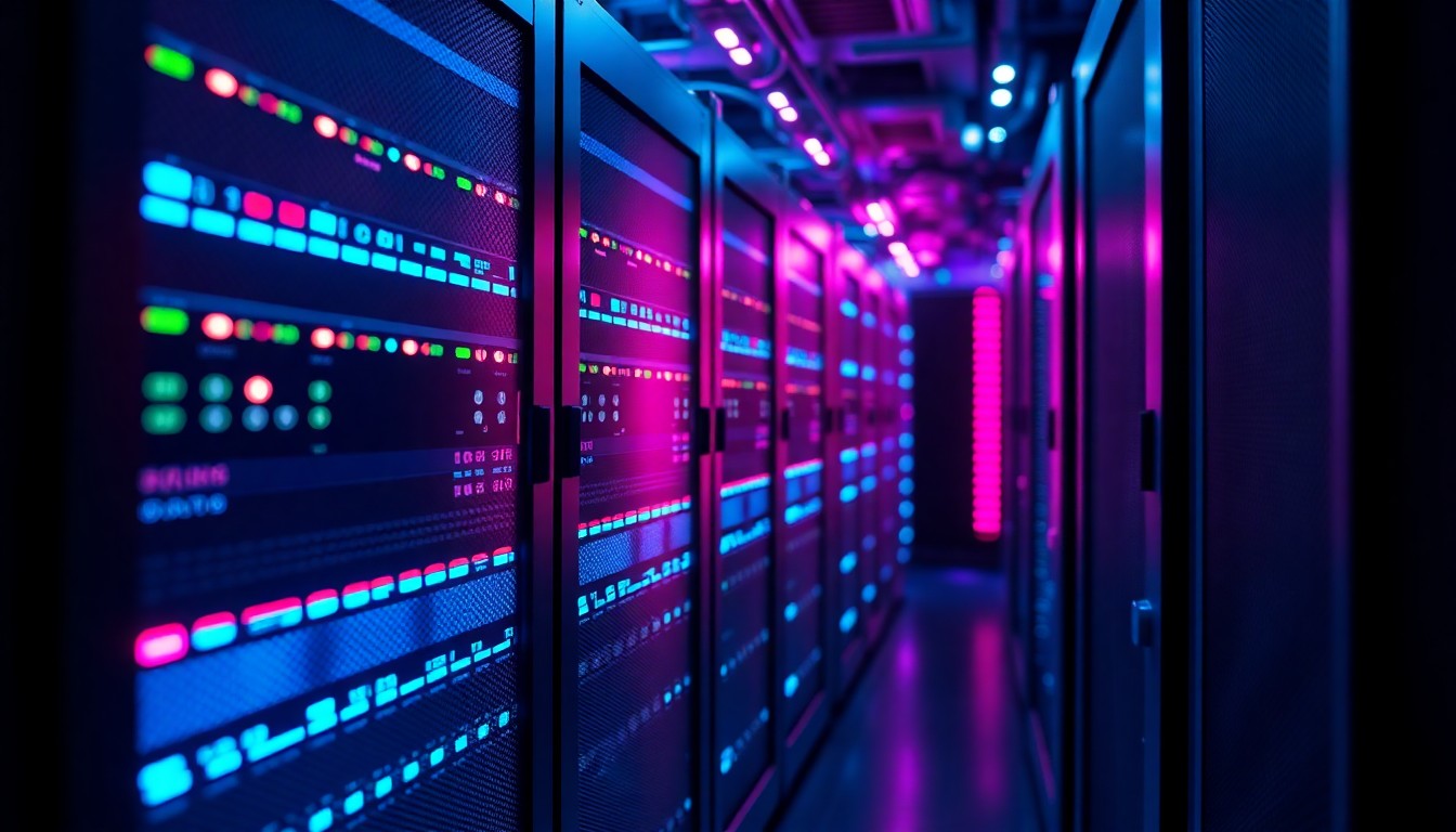 A highly detailed 3D illustration of a computer server rack with pulsing neon blue and magenta lights, conceptually representing the unseen digital infrastructure that enables data collection and surveillance by authorities.