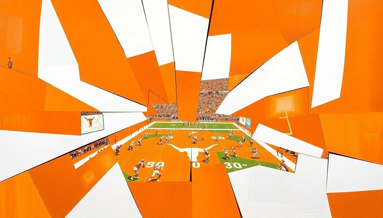 A cubist, geometric painting depicting a Texas Longhorns football game, with sharp, overlapping planes of burnt orange and white representing the dynamic action on the field.