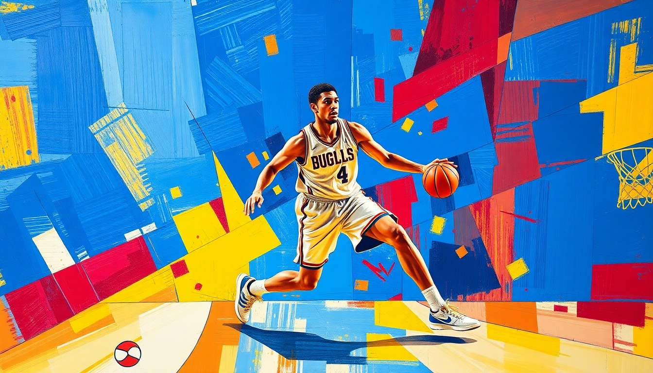 A cubist, geometric painting depicting a college basketball player in motion, with sharp, overlapping planes of color representing the dynamic action of the game.