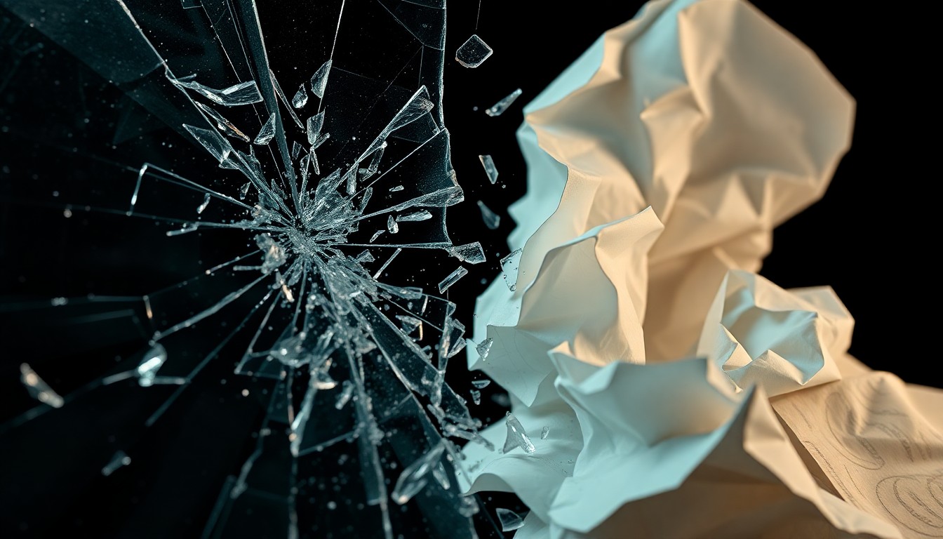 An extreme close-up photograph of shattered glass and crumpled paper, captured in dramatic high-contrast studio lighting to create a conceptual representation of the volatile creative relationship between the 'Girls' co-stars.