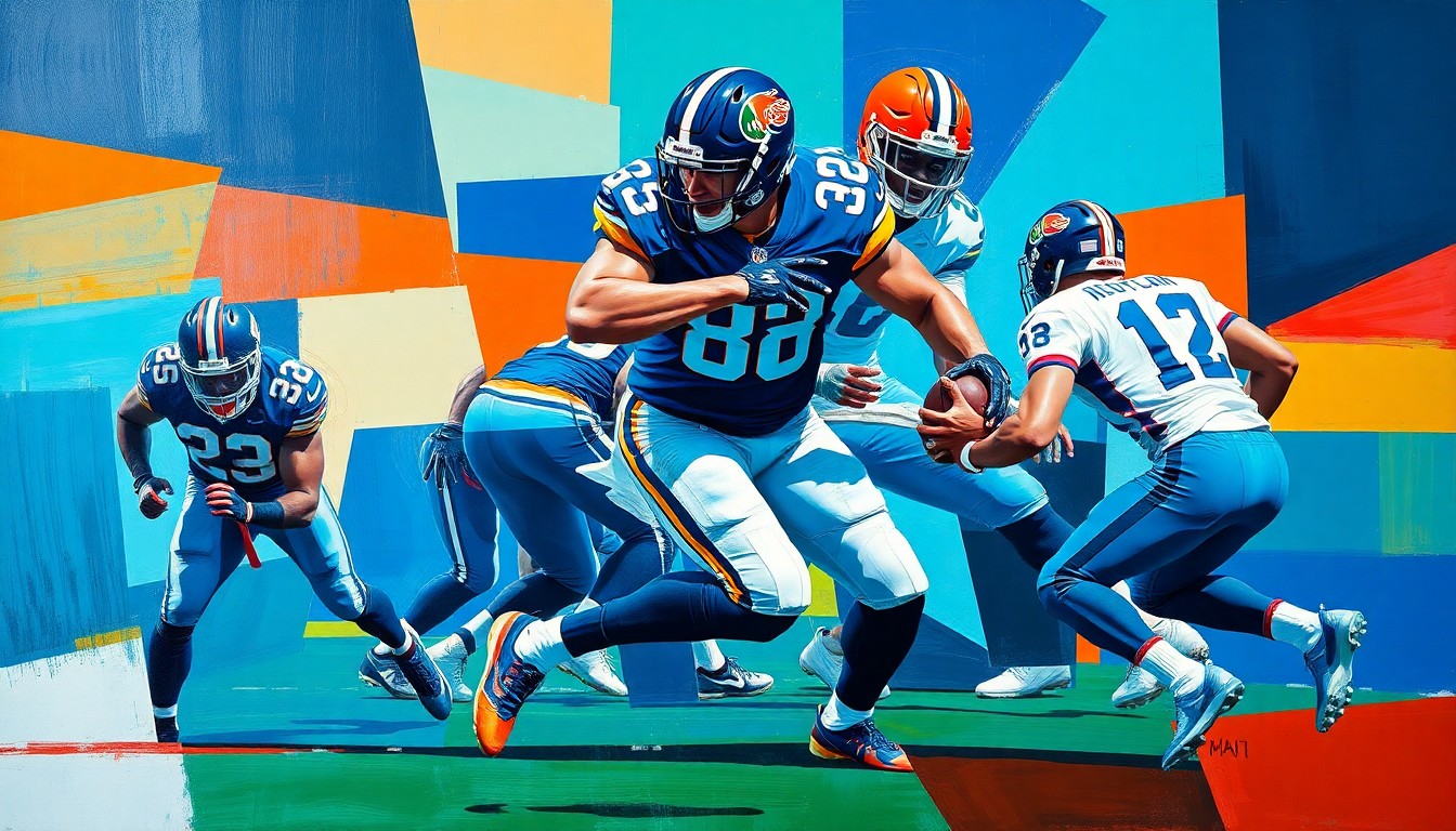 A cubist, geometric painting depicting a football player in motion, with sharp, overlapping planes of color representing the dynamic action of the game.