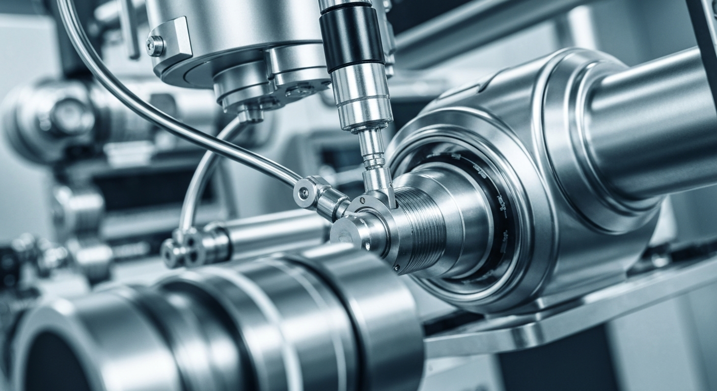 An extreme close-up of complex, highly engineered medical diagnostic machinery, conveying the precision and sophistication of modern healthcare technology.