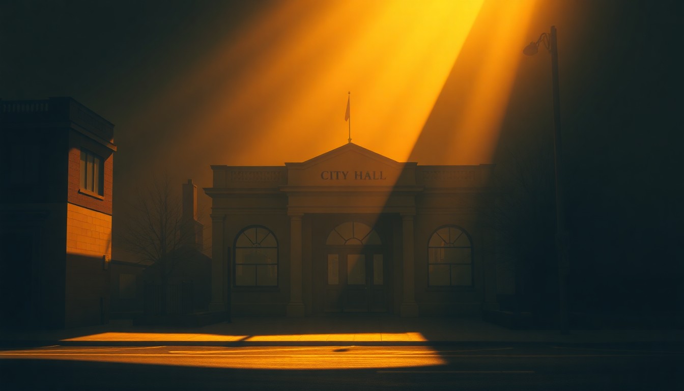 A serene, photorealistic painting of a municipal building in Bath, Maine, with warm sunlight streaming through the windows and deep shadows cast across the facade, conveying a sense of civic pride and community investment.