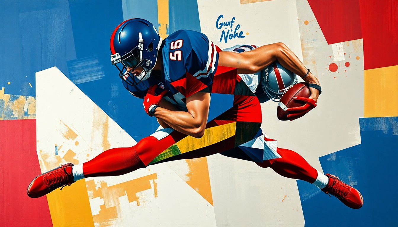 A fractured, cubist-style painting depicting a football player making a tackle, with sharp geometric planes in navy blue, scarlet red, and metallic gold, conveying the raw energy and athleticism of the sport.