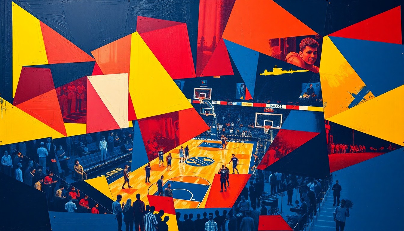 A cubist, geometric painting in bold colors depicting the energy and movement of a basketball game or playoff atmosphere, with no recognizable figures or text.