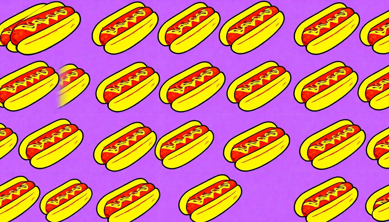 A vibrant, silkscreen-style illustration featuring a repeated pattern of a Chicago-style hot dog in bright, neon colors and bold black outlines, conceptually representing the energy and variety of events happening across the city.