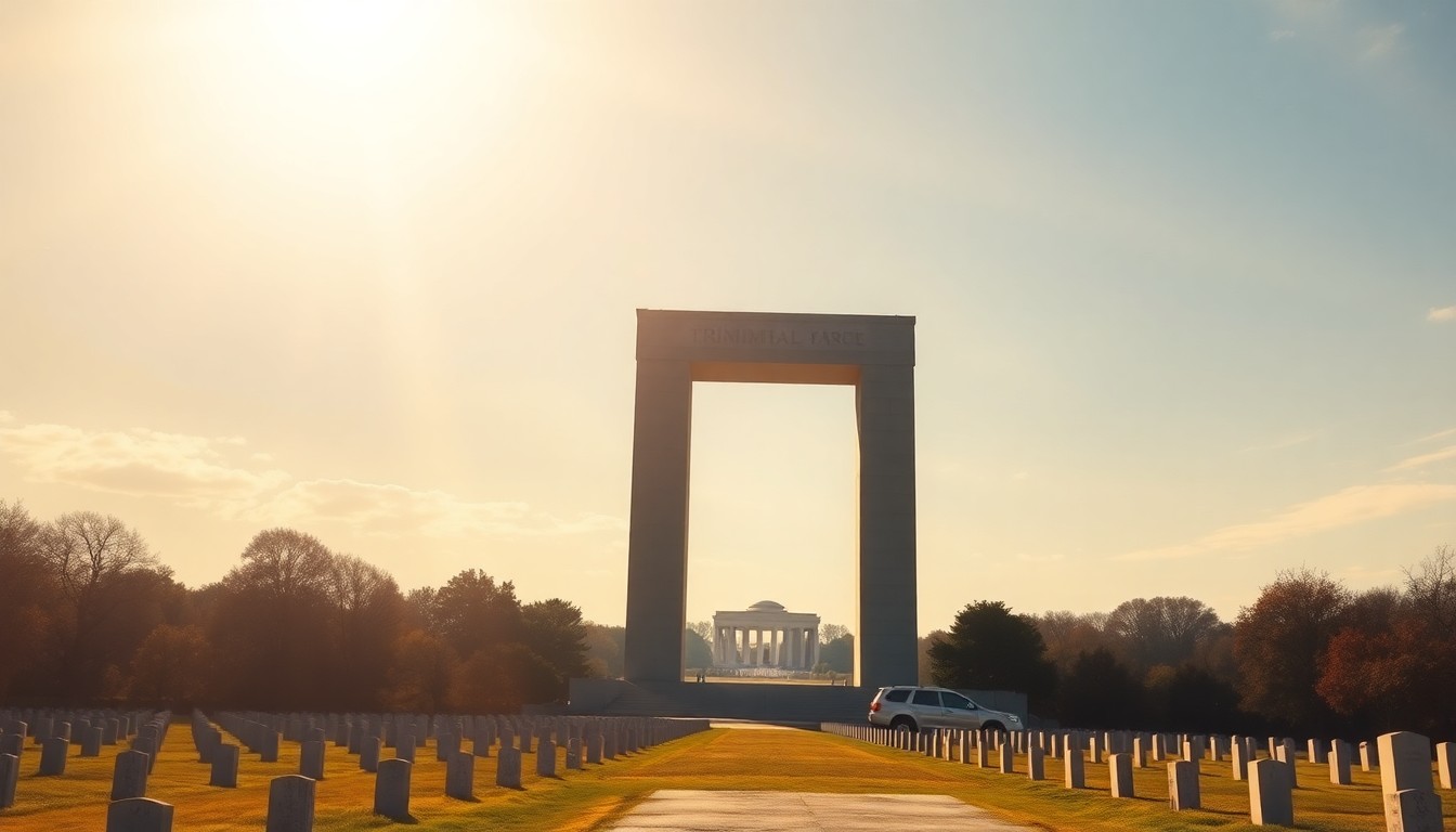 A cinematic painting depicting a grand, neoclassical arch structure in the foreground, with the historic Arlington National Cemetery visible in the background, all bathed in warm, diagonal sunlight and deep shadows, conceptually illustrating the debate over the proposed monument.