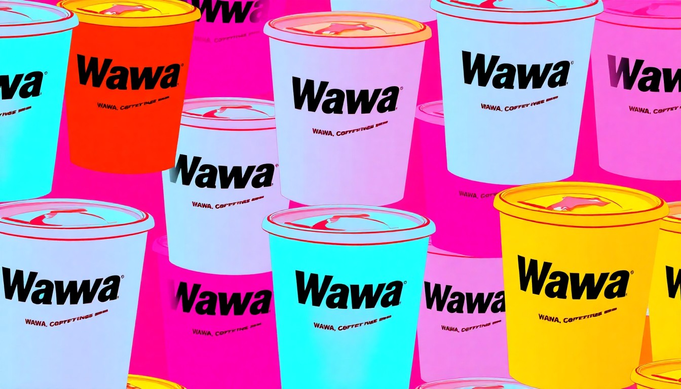 A vibrant, high-contrast silkscreen print of a Wawa coffee cup repeated in a grid pattern, capturing the pop art spirit of the anniversary celebration.