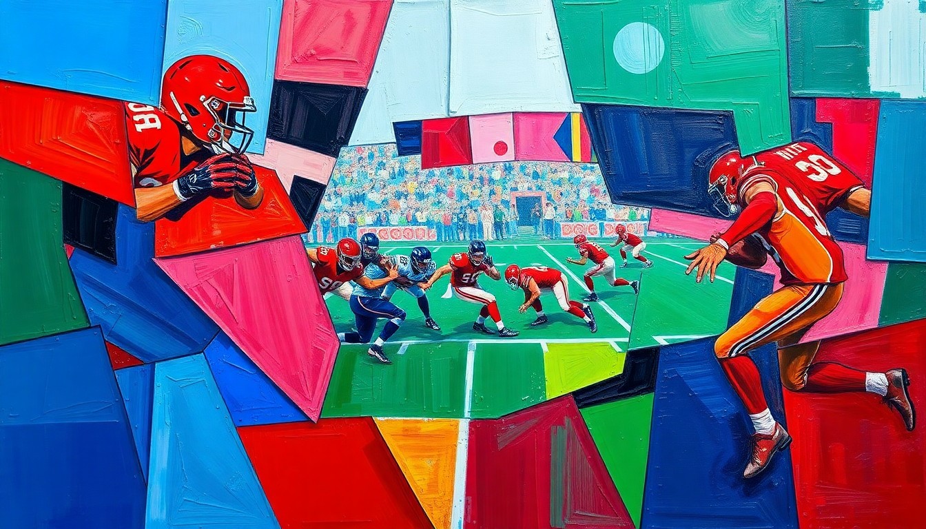 A fragmented, geometric painting depicting a football player in motion, with sharp planes of color and overlapping perspectives representing the dynamic nature of the sport.