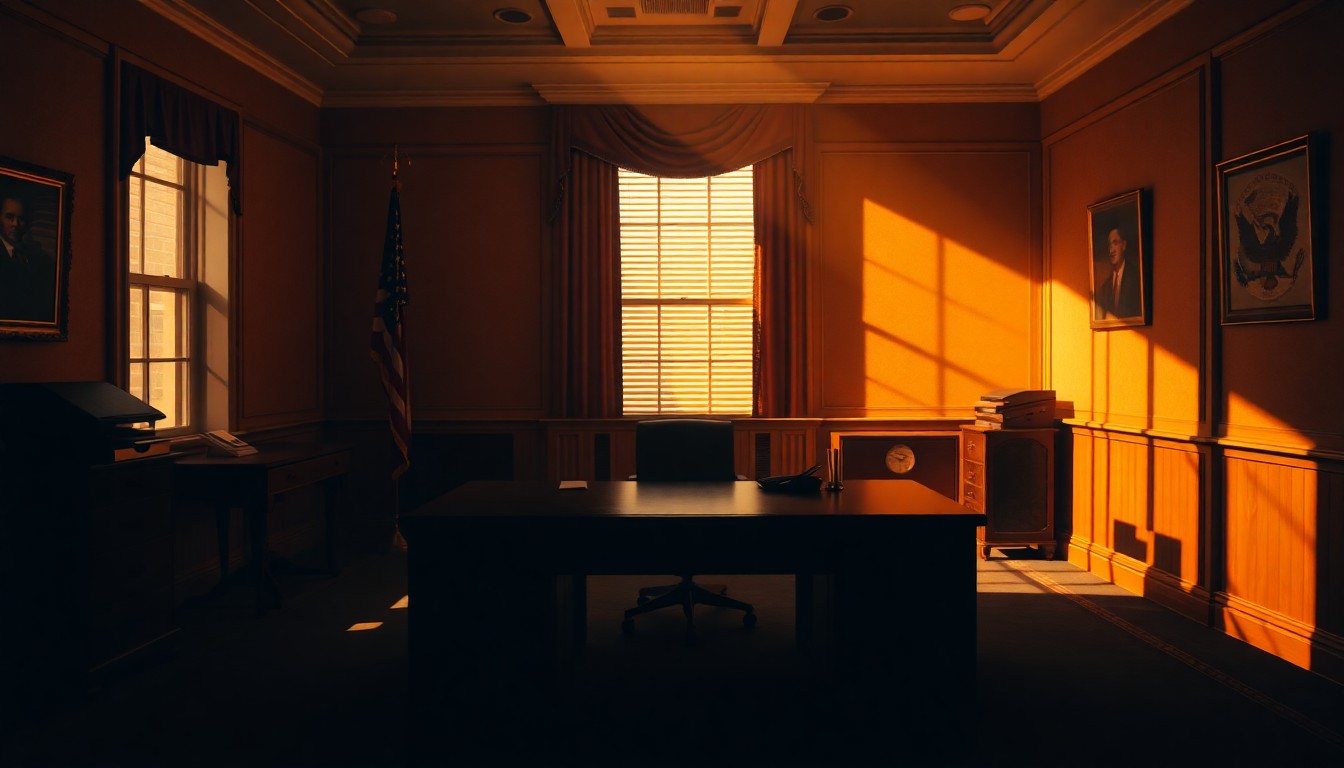 A quiet, cinematic painting of an empty congressional office desk, with warm sunlight casting dramatic shadows, conveying a sense of political turmoil and personal reckoning.