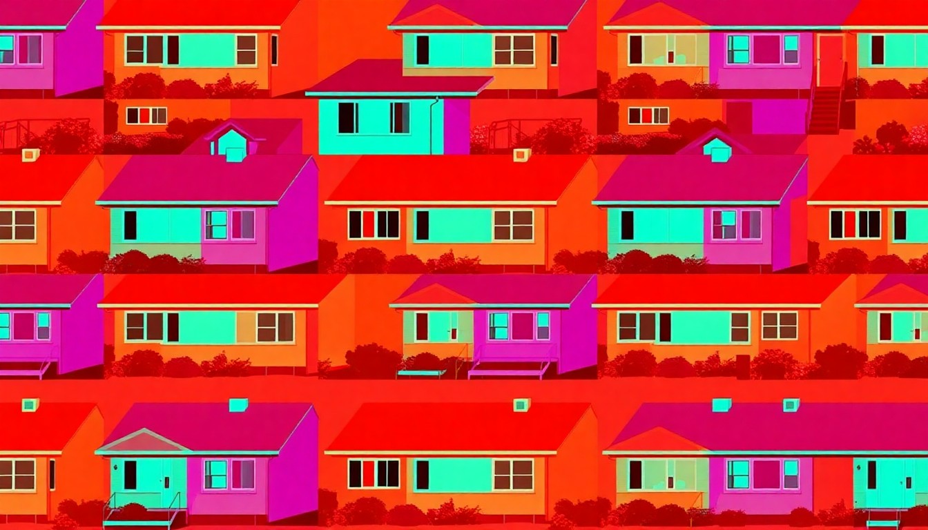 A highly stylized, abstract silkscreen print featuring a repeated image of a split-level home exterior in a grid of bright, neon-like colors and heavy black outlines, conceptually representing the unique character and design of a suburban Pennsylvania property.