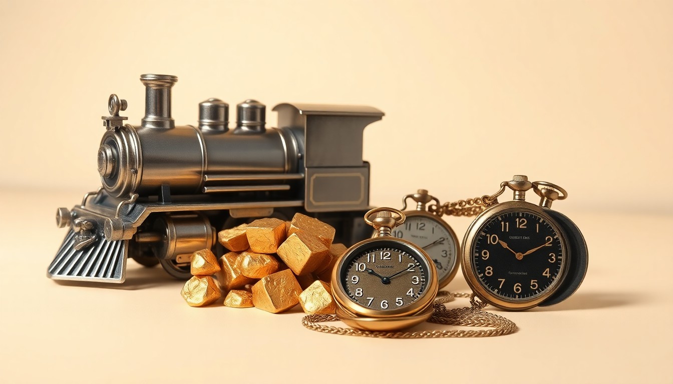 A high-end, photorealistic studio still-life photograph featuring a gleaming metal train engine model, a stack of gold nuggets, and a pair of vintage railroad pocket watches arranged elegantly on a clean, monochromatic background, conceptually representing the excitement and potential of the new Smokin' Train slot game.