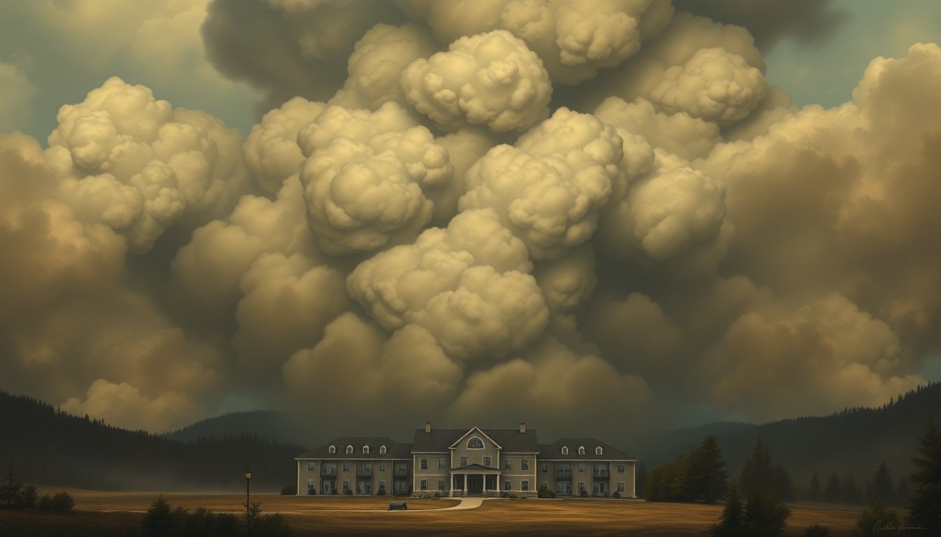 A sweeping, atmospheric landscape painting in muted tones of grey and blue, with a senior living facility barely visible through a thick, billowing cloud of smoke that dominates the scene, conveying the scale and intensity of the natural disaster.