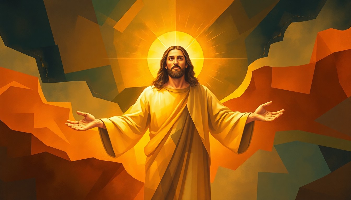 A fractured, geometric painting in warm, earthy tones depicting a glowing, Jesus-like figure with outstretched hands, conceptually representing the controversy surrounding the AI-generated image posted by former President Trump.