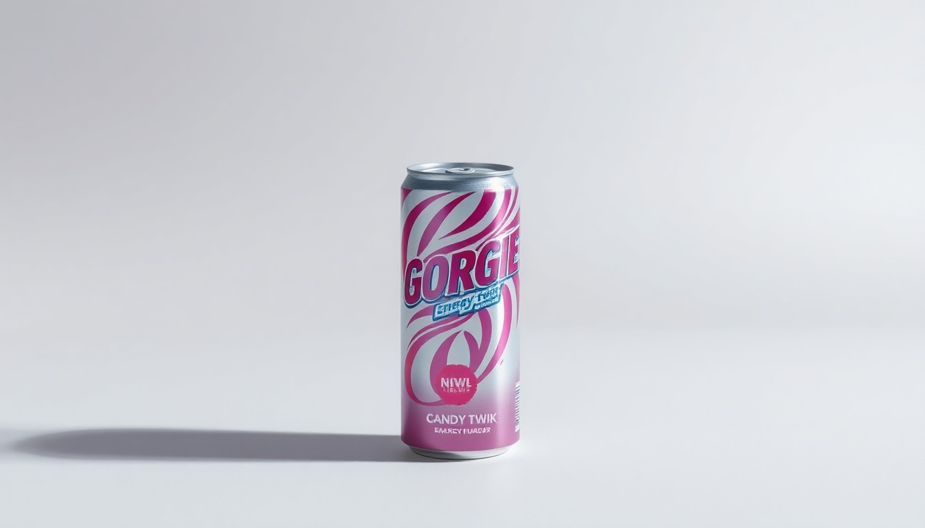 A close-up, high-contrast photograph of a single GORGIE Candy Twist energy drink can, featuring a bold, colorful label design against a clean, minimalist background, conveying the premium, indulgent nature of the new flavor.