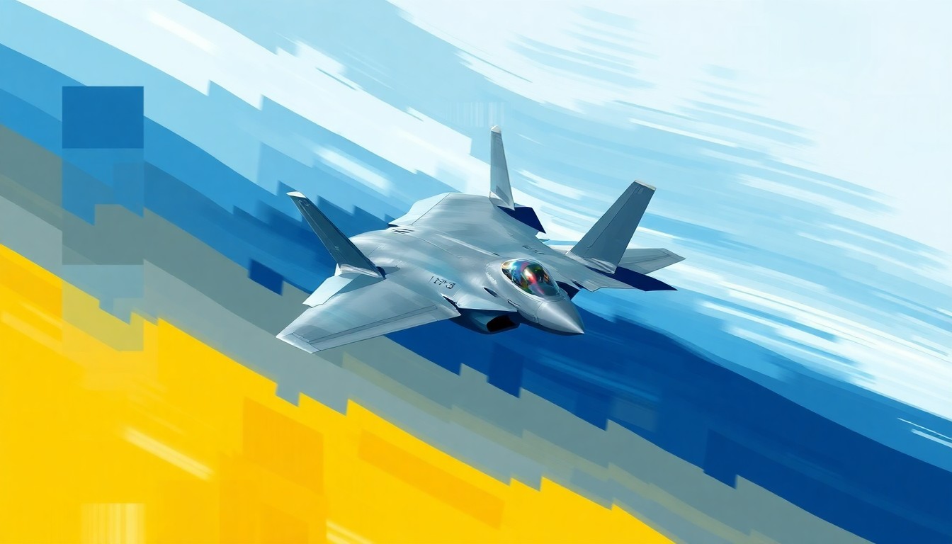 A dynamic, abstract painting of an F-35 fighter jet in mid-flight, with overlapping geometric shapes and brushstrokes in shades of blue, grey, and yellow, conveying a sense of speed and power.