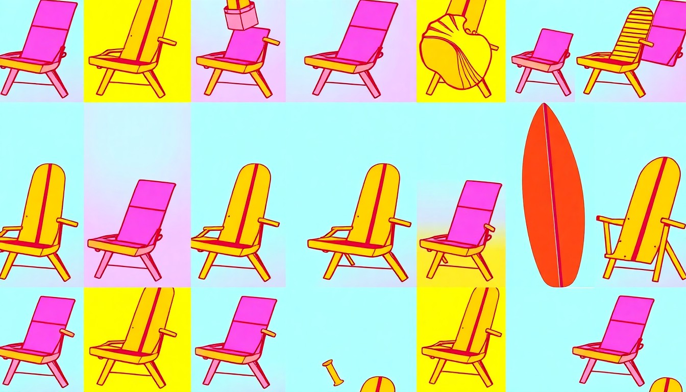 A brightly colored, high-contrast silkscreen print of a single, iconic beach chair repeated in a tight grid pattern, conceptually representing the vibrant, coastal lifestyle associated with the new luxury condo listing.